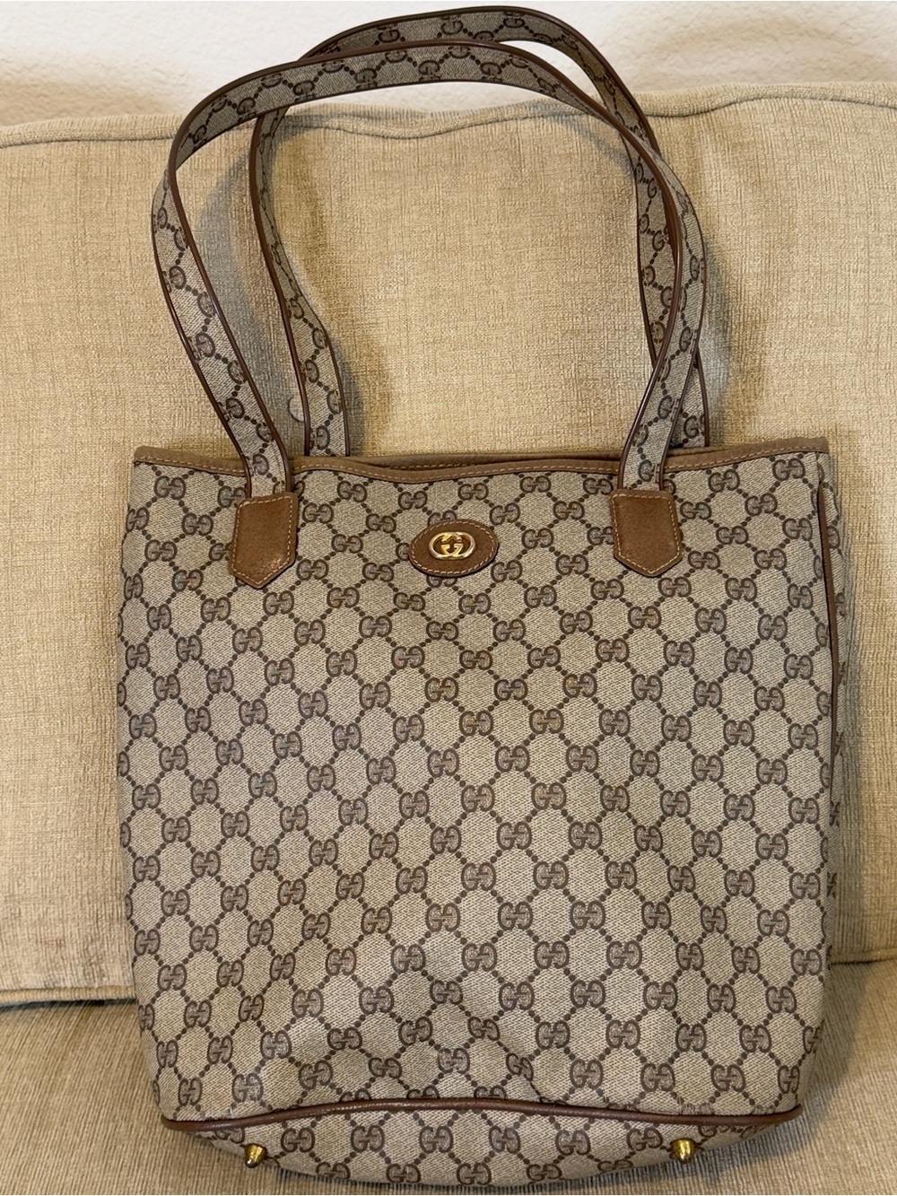 Gucci Beige and Brown GG Canvas Tote with Leather Trim